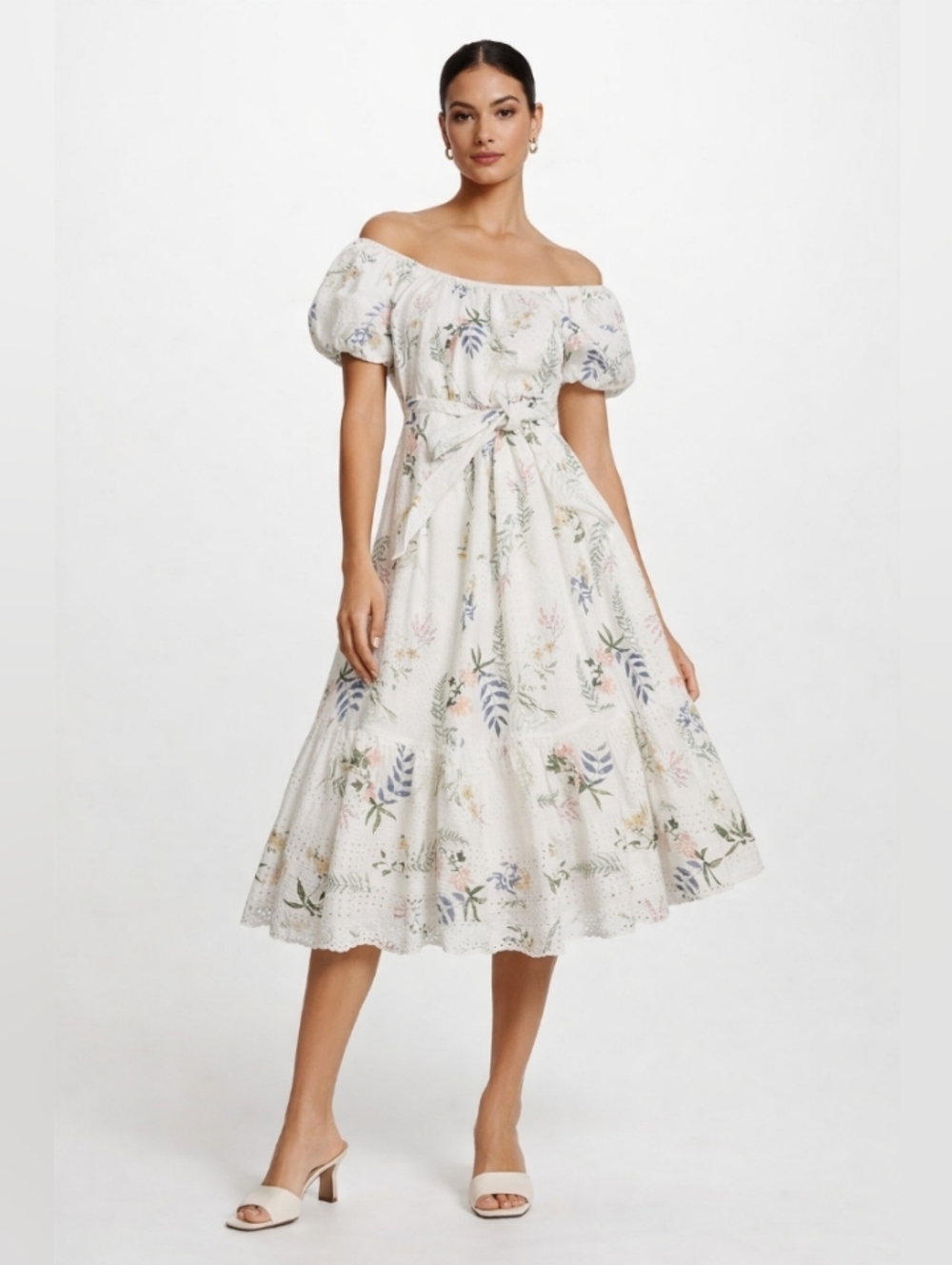 Just Me White Floral Eyelet Off-Shoulder Midi Sun Dress Large